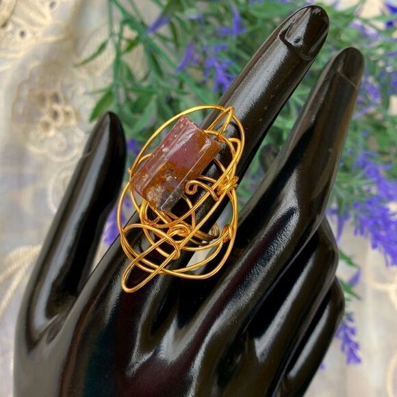 Unique Ocean Jasper In Gold Wire Wrap Artisan Crafted Ring - Picture 2 of 10